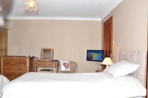 英格尔顿Nutstile Farm Bed and Breakfast的一间卧室配有一张床和一张书桌及电视