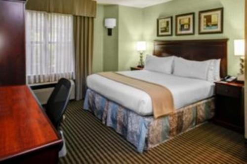 亚特兰大亚特兰大巴克黑德智选假日套房酒店的酒店客房设有一张大床和一张书桌。