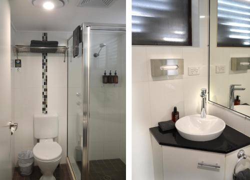 达博奥拉娜汽车旅馆的浴室的两张照片,配有卫生间和水槽