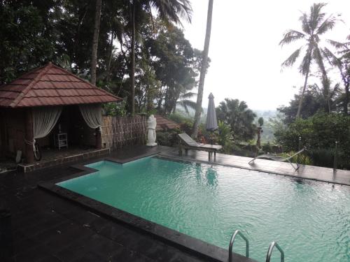 沙拉迪加欧瑟范爪哇酒店的一个带长凳和树木的庭院内的游泳池