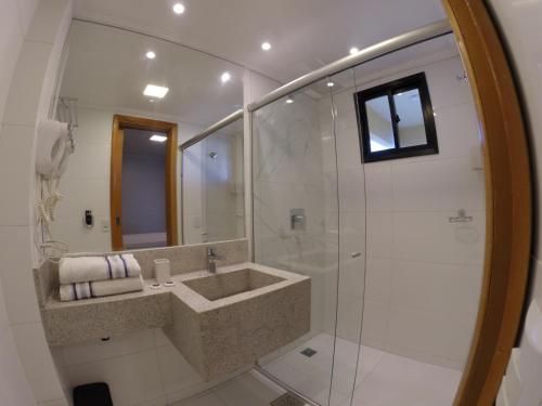 戈亚尼亚Flat Apart Hotel Crystal Place的一间带水槽和玻璃淋浴的浴室