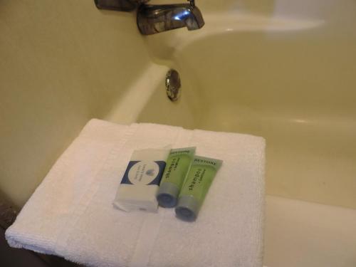 马尔法Riata Inn - Marfa的浴室提供毛巾、两把牙刷和浴缸