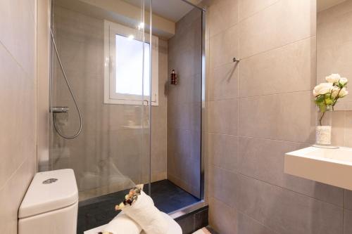 巴塞罗那Chic Apartments Barcelona的带淋浴、卫生间和盥洗盆的浴室