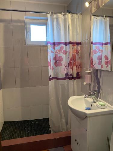 卡夫尼克19 RESIDENCE apartment的浴室配有淋浴帘和盥洗盆。
