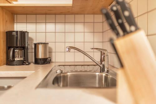 圣贾科莫Apartment Pürstal - Gruberhof的厨房水槽和柜台上的水龙头