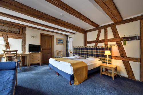 基安特赞施瓦迪酒店的一间卧室配有一张床、一张书桌和一台电视。