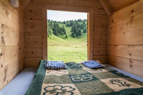 科拉欣Kamp Janketic的木制客房的一张床位,设有窗户