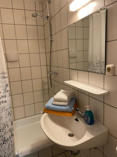 巴特法灵博斯特尔Cafe Gaubenhaus的一间带水槽、镜子和淋浴的浴室