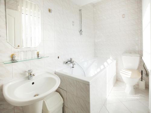 伏尔塔瓦河畔赫卢博卡米兰伏皮卡酒店的白色的浴室设有水槽、浴缸和卫生间。