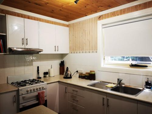 塔姆沃思Peaceful cabin in a rural setting 2km from CBD的厨房配有炉灶、水槽和窗户。