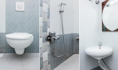 孟买Hotel Amber-colaba的浴室的两张照片,配有卫生间和水槽