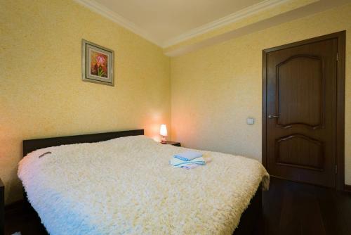 阿拉木图Nadezhda Apartment on Dostyk street 89的卧室配有一张带白色毯子和门的床。