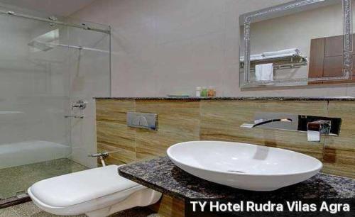 阿格拉Hotel Rudra Vilas的一间带水槽、浴缸和卫生间的浴室