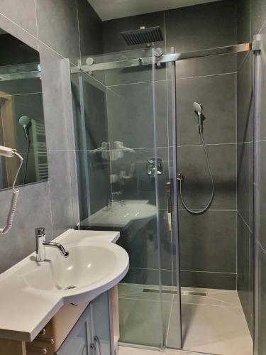 朗根哈根Hotel Schneider Apartaments的带淋浴和盥洗盆的浴室