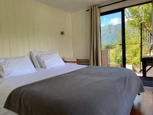 普孔French Andes Apart & Chile Campers Rental的一间卧室设有一张床和一个大窗户