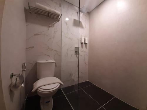 日惹Arte Hotel Yogyakarta的一间带卫生间和玻璃淋浴间的浴室
