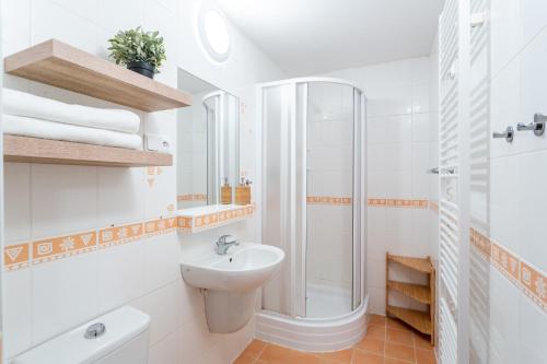博兹达尔Boží Dar 95的白色的浴室设有水槽和淋浴。