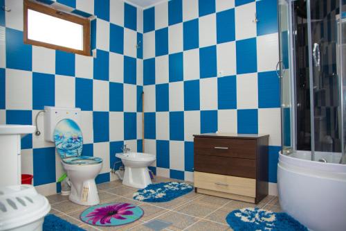 克利默内什蒂Casa Stefania 1的浴室拥有蓝色和白色的瓷砖墙