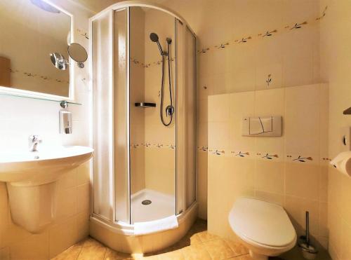 哈拉霍夫哈拉霍夫斯卡旅馆的带淋浴、卫生间和盥洗盆的浴室