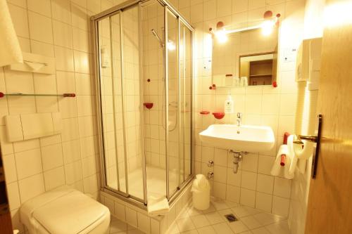 迪茨威廉·冯·拿骚酒店及餐厅的带淋浴、卫生间和盥洗盆的浴室