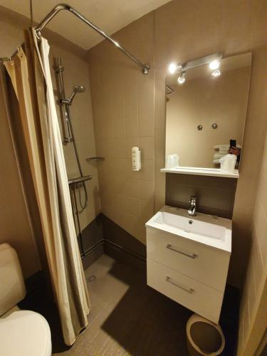 克卢尼saint odilon的浴室配有盥洗盆和带镜子的淋浴