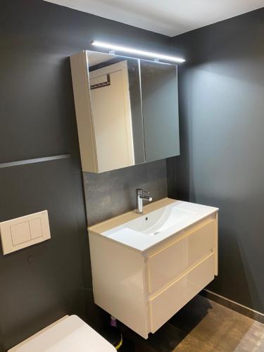绍德方丹Le Retour aux Sources - Chambre d'Hôte chaleureuse et conviviale的浴室设有白色水槽和镜子