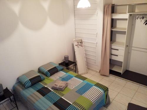萨莱比梅Appartement Centre Guadeloupe, accessible et proche的一间带一张床和一个衣柜的小卧室