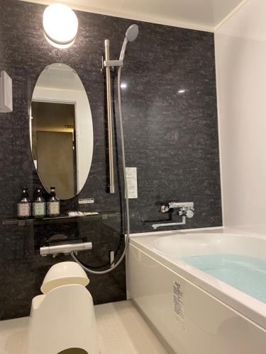Barajimaホテル シンドバッド滝沢店 Adult Only的带浴缸、卫生间和镜子的浴室