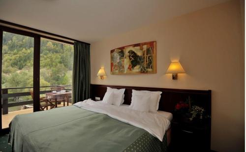 沃伊内亚萨Zan Hotel的酒店客房设有一张床和一个阳台。