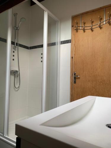 讷伊-普莱桑斯Belle chambre spacieuse的带淋浴和白色盥洗盆的浴室
