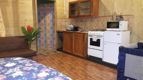 CastaraCottage Mango的厨房配有白色炉灶和微波炉