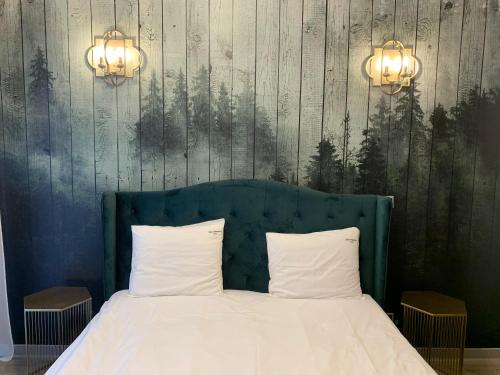 波亚纳布拉索夫Luxury Silver Mountain Apartment的一张带两个枕头的床和墙上的两盏灯
