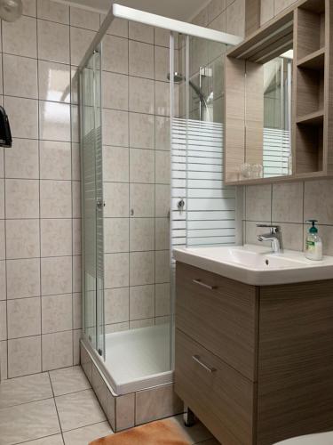 比克内梅特旅馆的带淋浴、盥洗盆和浴缸的浴室