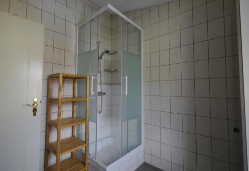 格拉茨Ferienzimmer 2021的浴室里设有玻璃门淋浴