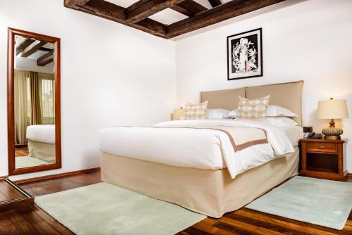 布拉索夫普拉托别墅酒店的一间卧室配有一张大床和镜子