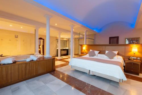 科斯塔卡玛R2里卡尔马酒店的一间卧室设有一张大床和一个浴缸