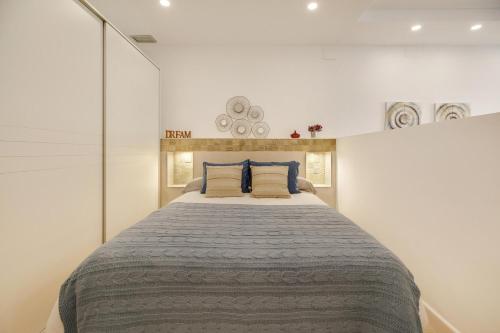 加的斯Apartamento Naypa with free parking的一间卧室配有一张带蓝色枕头的大床