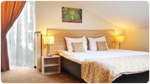 维尔纽斯Vivulskis Apart-Hotel的一间卧室配有一张大床和两盏灯