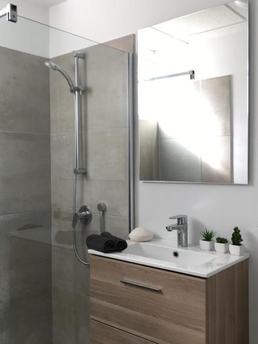 克里斯托港Ses Gavines-Cala Anguila Apartments的浴室配有盥洗盆和带镜子的淋浴