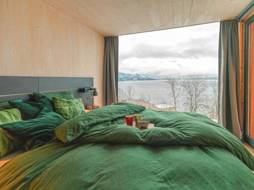SamlanesFunkis-cabin in Herand with fantastic fjordview的一间卧室设有一张大型绿色床和大窗户