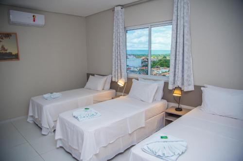 北茹阿泽鲁Hotel e Pousada Flor do Juá的带窗户的客房内的两张床