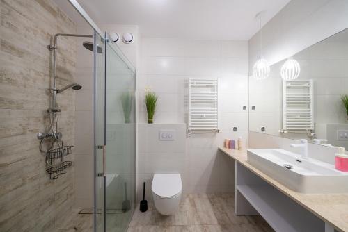 梅尔诺CAMP NORD RESORT的带淋浴、卫生间和盥洗盆的浴室