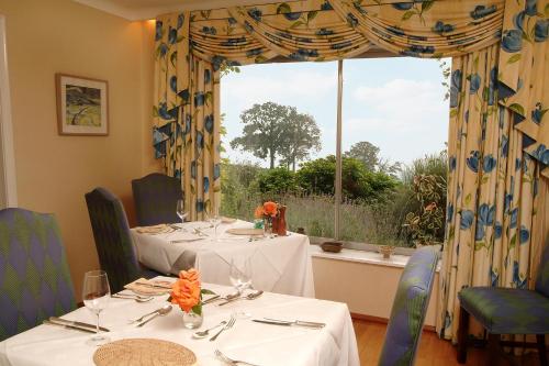 赫尔姆斯利沙洛达尔酒店的一间带两张桌子和大窗户的用餐室