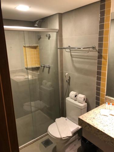奥林匹亚Apto Master em Olímpia Park Resort的一间带卫生间和玻璃淋浴间的浴室