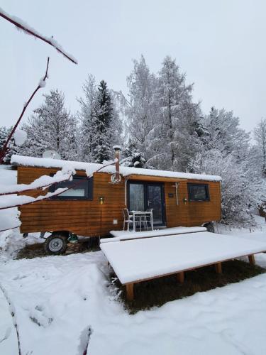 BirkfeldTiny House Steirerbua的雪地小木屋,带桌子
