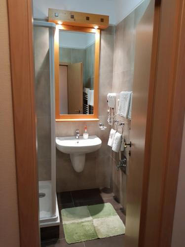 比克Birdland Panorama Apartman的一间带水槽和镜子的浴室