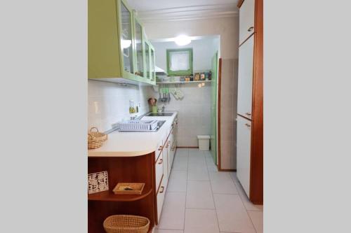 马里博尔Welcome to enjoy Maribor !的厨房配有绿色橱柜和白色瓷砖地板。