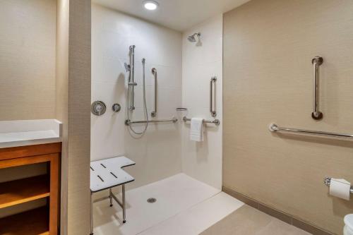 哈里斯堡Comfort Suites Camp Hill-Harrisburg West的带淋浴和盥洗盆的浴室
