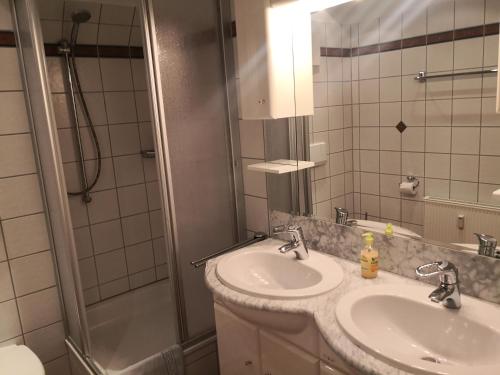 StolpeDas Landhaus am Haff LHH A04的一间带两个盥洗盆和淋浴的浴室