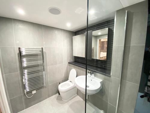 曼彻斯特Cosy City Centre Location, Hydro Massage Showe的一间带卫生间和水槽的浴室